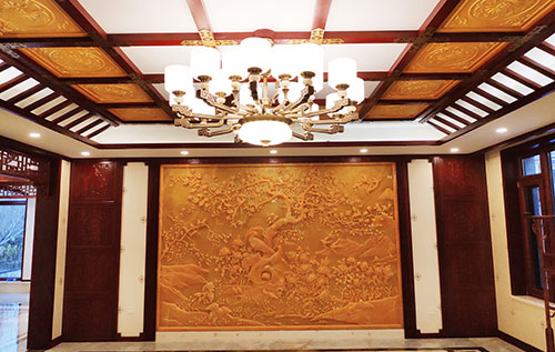 南开中式别墅客厅中式木作横梁吊顶装饰展示